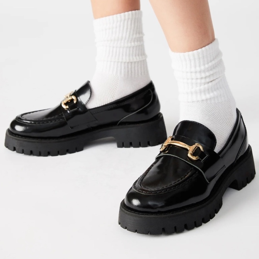 Steve Madden Mistor Loafer Black Leather Horsebit Gold Buckle Lug Sole Size 9.5